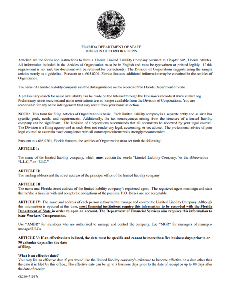 Artículos de Organización para abrir una LLC en Florida