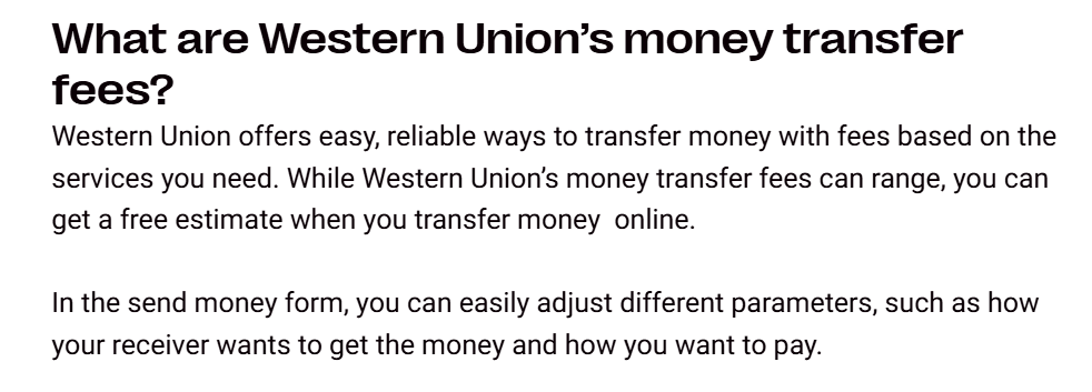 Ejemplo de información ineficaz en la plataforma de Western Union.